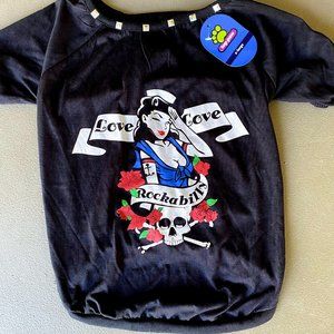 Top Paw Rockabilly Pin Up Girl Skull Rose Tattoo Studded Dog Halloween Shirt XL